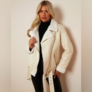 Topshop faux leather aviator jacket with faux fur trim